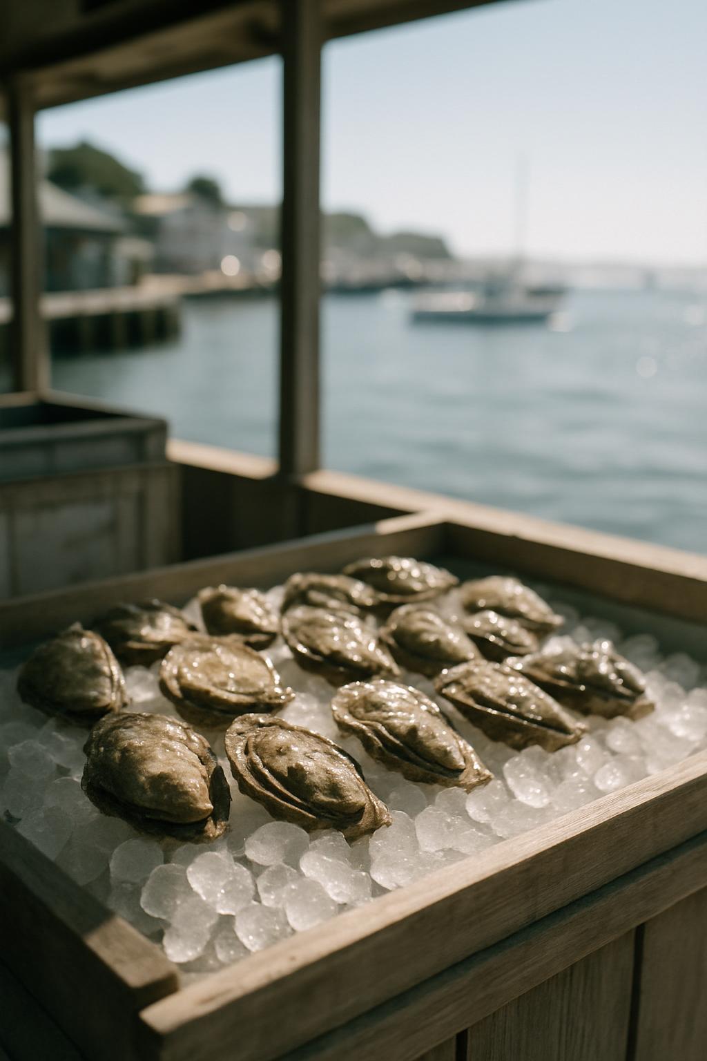 an image of oysters, ice, and water in front of a boat and house.