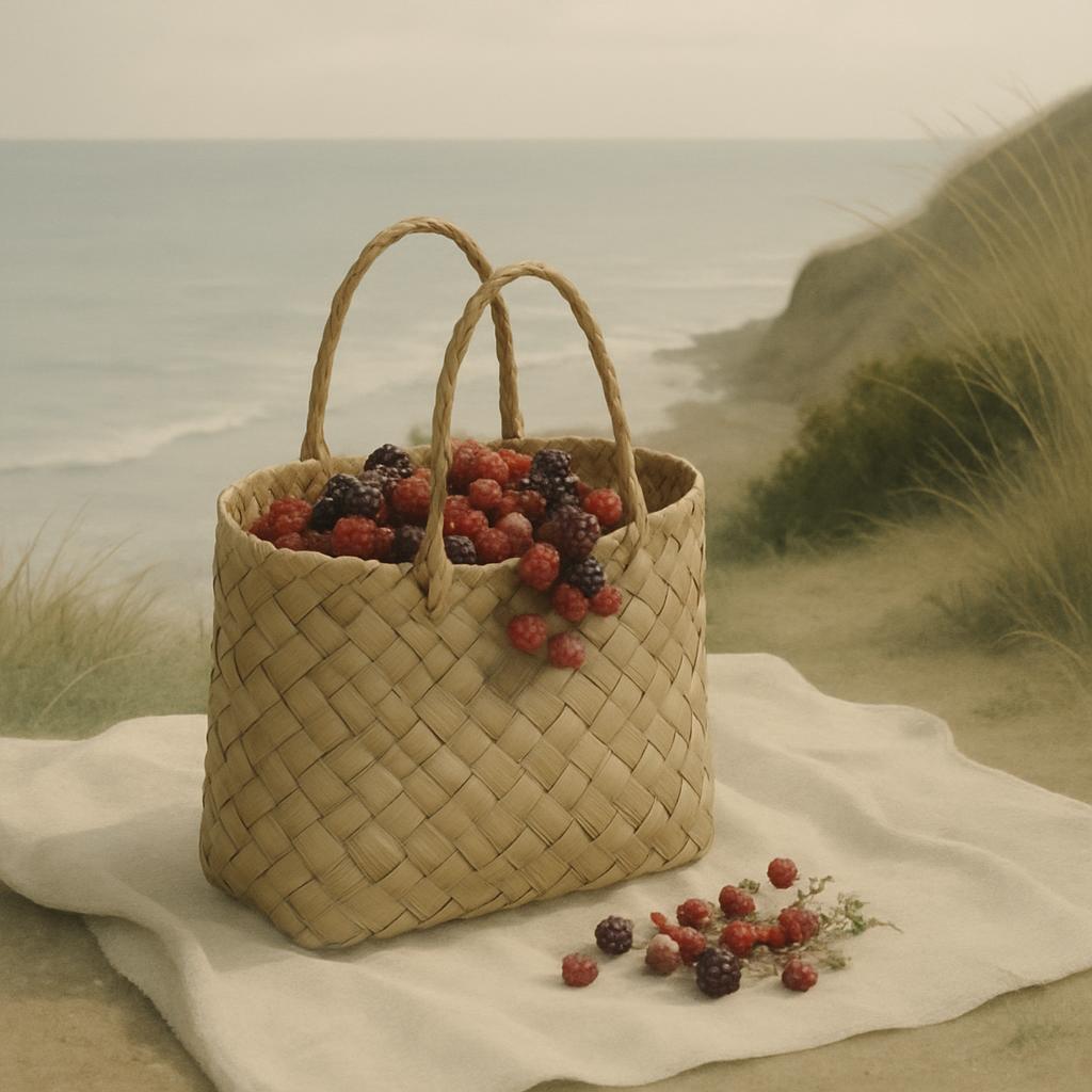 A woven basket filled with berries sits on a blanket in front of an ocean-breezy hillside at sunset. A casual, hand-woven ...