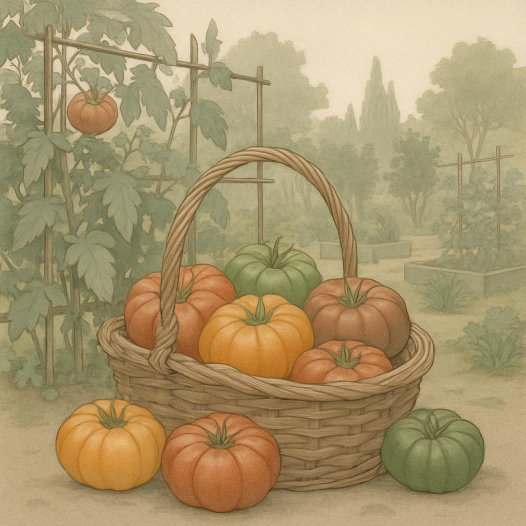 A vintage style illustration of a woven basket overflowing with large pumpkins and tomatoes. It is placed in between two t...