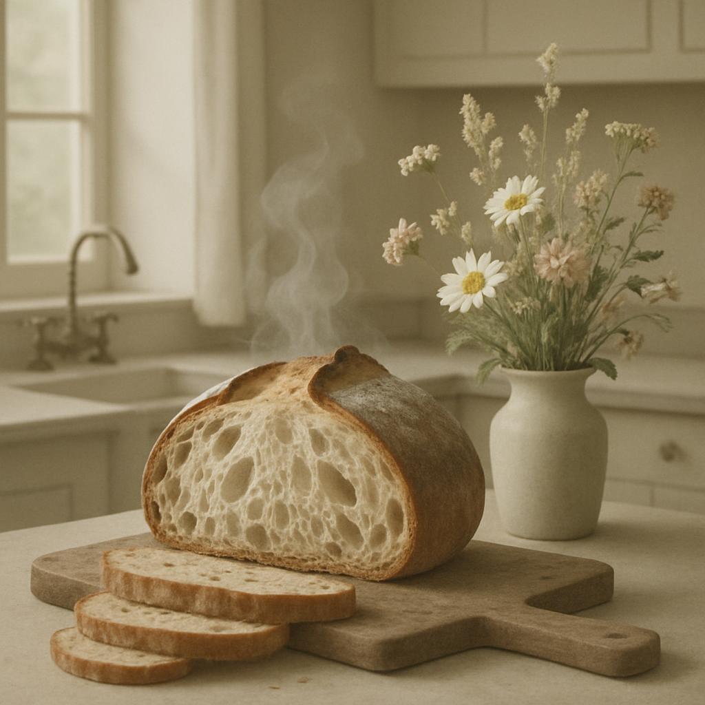 loaf of bread on a cutting board with flowers in a white vase. if bread in the foreground is visually impaired, it's a loa...