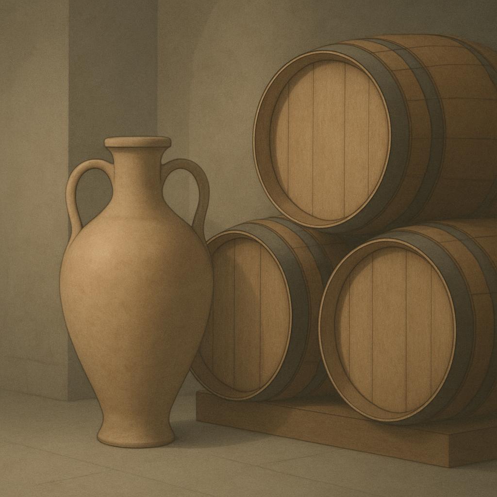 Digital illustration of ancient Greek amborace and stacks of barrels in a warehouse. Amborace Multiple wooden wine barrels.