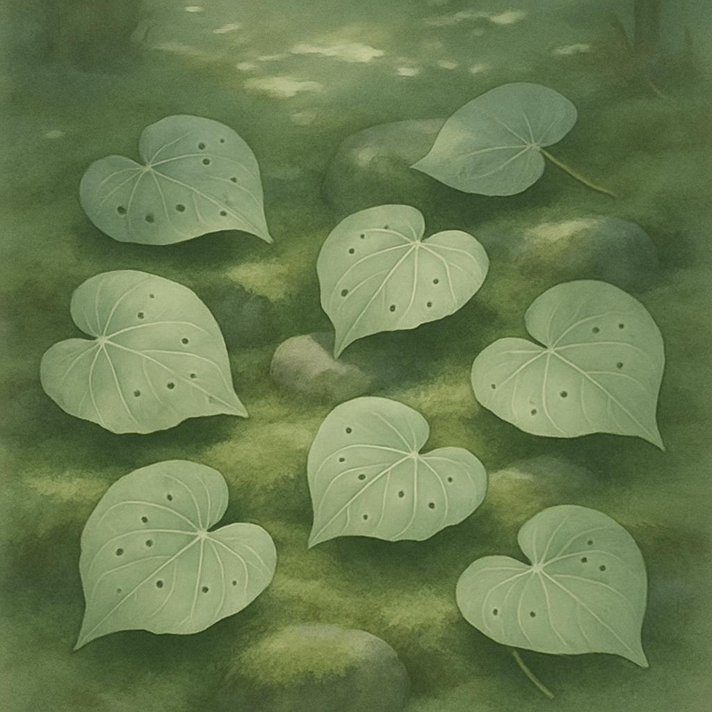 A serene natural setting, featuring a collection of heart-shaped green leaves with holes scattered across a lush, grassy g...